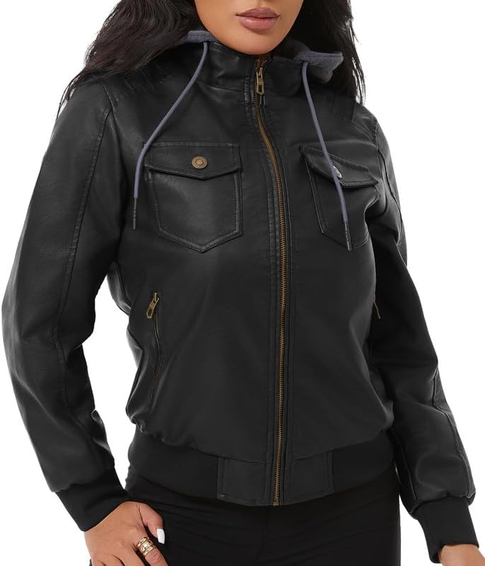 GGleaf Women's Faux Leather Jacket Waterproof Motorcycle Bomber Jacket Vintage PU Moto Biker Coat