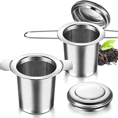 2 Pieces Loose Leaf Tea Infuser Tea Strainer Folding Handle Tea Filter Fine Mesh Strainer Brewing Basket with Lid Classic Tea Infuser Stainless Steel Loose Tea Steeper for Brewing Steeping Loose Tea
