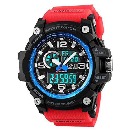 Mens Analog Digital Watch LED 50M Waterproof Outdoor Sport Watches Military Multifunction Casual Dual Display 12H/24H Stopwatch Calendar Wrist Watch- Red Blue
