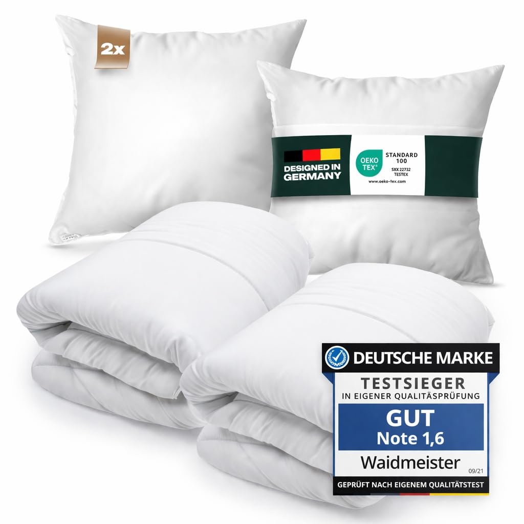 4-Jahreszeiten Bettenset 135x200 4er Pack - 2X Bettdecke 135x200 4 Jahreszeiten Set mit 2X Kopfkissenkissen - Sommerdecke & Ganzjahresdecke & Winterdecke - Oeko-TEX, Allergikergeeignet