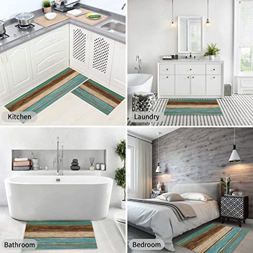 Teal Kitchen Rugs And Mats Set Of 2, Rustic Farmhouse Wood Non-Skid Soft Absorbent Kitchen Mats Set For Floor, Retro Brown Green Comfort Runner Rug Carpets For Sink, Laundry, Dinning Room, Office #TOP3