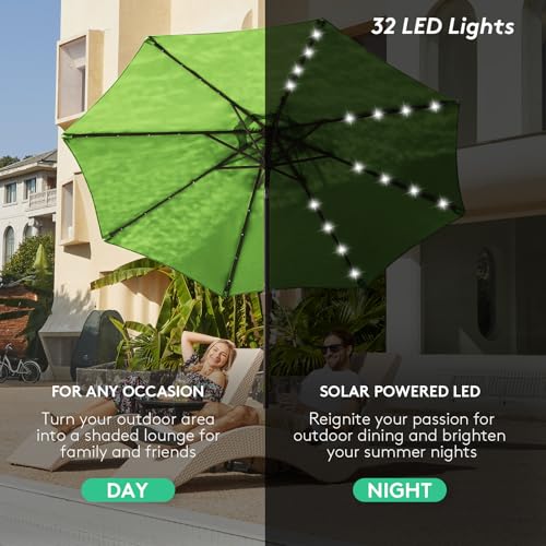 Image of JEAREY 9FT Outdoor Patio Umbrella with Solar Lights, LED Lighted Pool Umbrella with Tilt and Crank, Outdoor Table Umbrellas for Deck, Yard & Market (Grass Green)