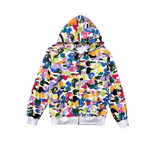 BAPE Shark Camouflage Hoodie Tunn bomull män kvinnor Casual färgglada haj huvudet tryckta tröja jacka,Multi colored,M