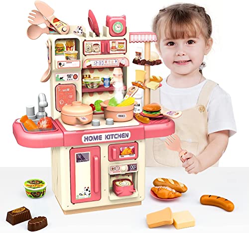 AM ANNA Play Kitchen Playset With Pretend Food - Kids Toy Accessories Set Realistic Steam & Light Cutting Play Food for Girls Boys