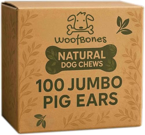 WoofBones All-Natural Jumbo Whole Pig Ears for Dogs Single Ingredient and Highly Digestible for All Breeds and Life Stages (100-Pack)