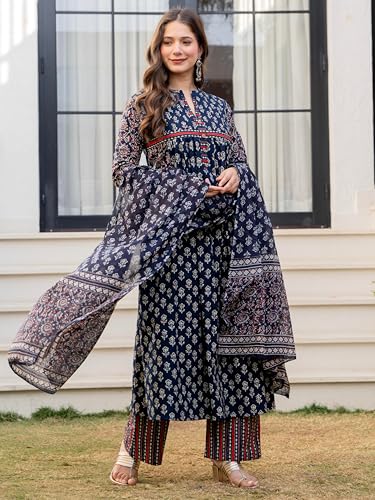 Image of Amayra Women's Pure Cotton Printed A-Line Kurta Set with Palazzo Pants & Dupatta- Ethnic Wear