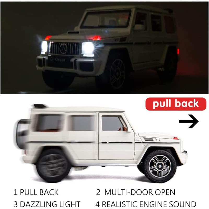 Image of Kids Model 1:24 G Klessa Die Cast Metal Car Pull Back Action Opening Doors with Realistic Engine Sound Lights Toy Car Gift for Boys - White