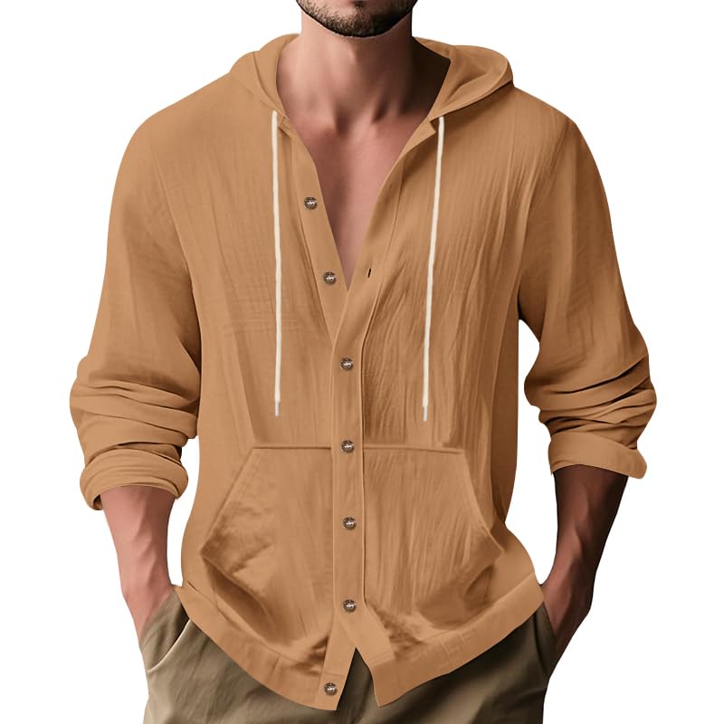 Mens Long Sleeve Shirts Drawstring Hooded Sweatshirt Casual Button Shirts