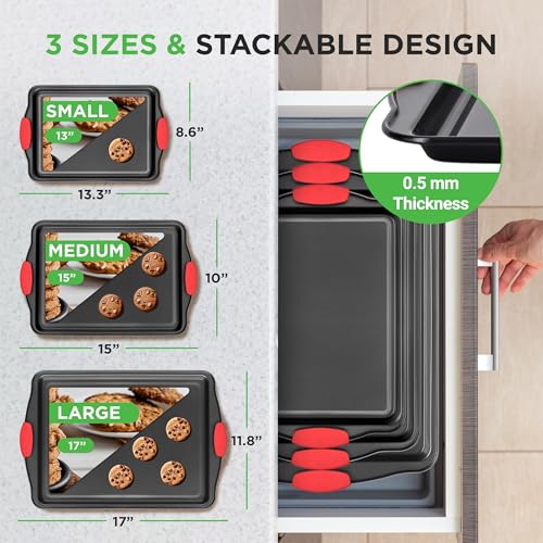 NutriChef 3-Piece Nonstick Kitchen Oven Baking Pans - Premium & Stylish Non-Stick Steel, Commercial Grade Restaurant Quality Metal Bakeware with Red Silicone Handles - Easy to Clean, NCSBS3S image 3
