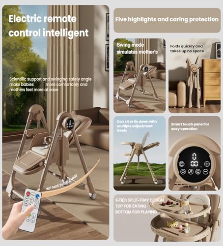 Image of Nine point nine Electric Bluetooth Smart PU Leather High Chair with Swinging Function, Baby High Chairs for Babies and Toddlers, Baby Feeding Chairs Seat, Double Tray, Removable Wheels (E8121 White)