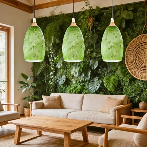 Image of GO&SO Green Glass Lamp Shade 3Pcs,7.8 inch H x 4 inch D,Oval Pendant Light Shades | 1.57 inch Fitter E26 Base,Chandelier Shades for Kitchen Island,Hanging Light Shades,Hand-Blown Art Fixtures