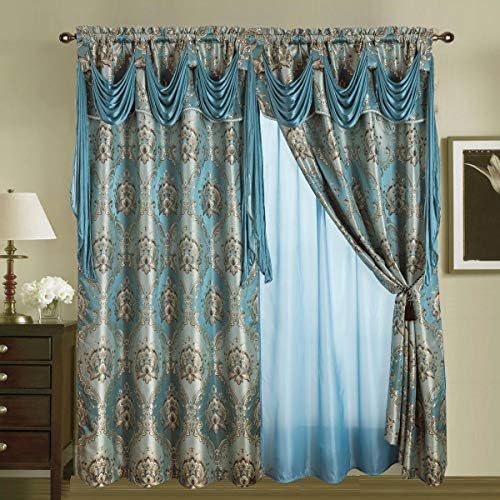 LinenTopia Classical Jacquard Window Drape Set, 2 Panels with Attached Valance + Sheer Backing, Fancy Victorian Style Damask Curtain Drape for Living Rooms, (Elsa, 84", Blue)