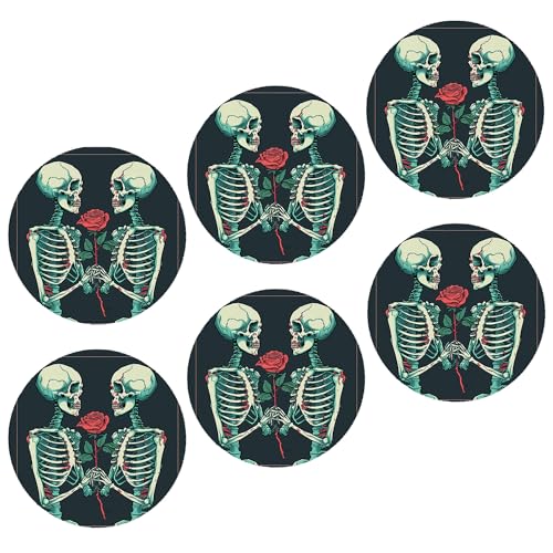 Image of Skull Coasters Pack of 6 Romance Red Rose Floral Sweet Retro Botanical Lines Blue red Leather Protect Furniture Home Decorative Hotel Bedroom Outdoor Desk Coffee Table Water Proof 4x4 Inch