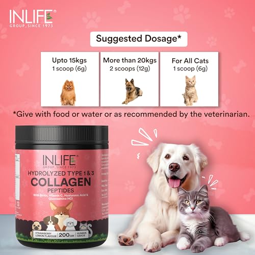 Image of INLIFE Collagen for Dogs & Cats | Hydrolysed Collagen Powder | Clinically Proven Ingredient with Biotin, Vitamin C, Hyaluronic Acid & Glucosamine | Pet Supplement (Strawberry)