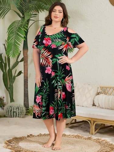 Image of LARACE Plus Size Women Dress for Summer, Midi Women's Sundress, Casual V-Neck Short Sleeve Flowy T-Shirt Dresses with Pockets