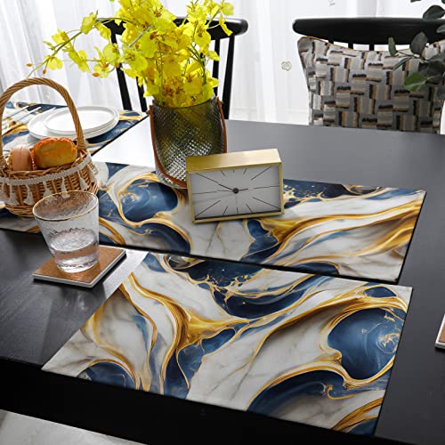 Navy Blue Gold Placemats Set Of 6 With 90 Inches Long Table Runners, Cotton Linen Dining Table Runner Mats, Marble Modern Art Abstract Gradient Gray Burlap Kitchen Tablerunner And Placemat Set #TOP3