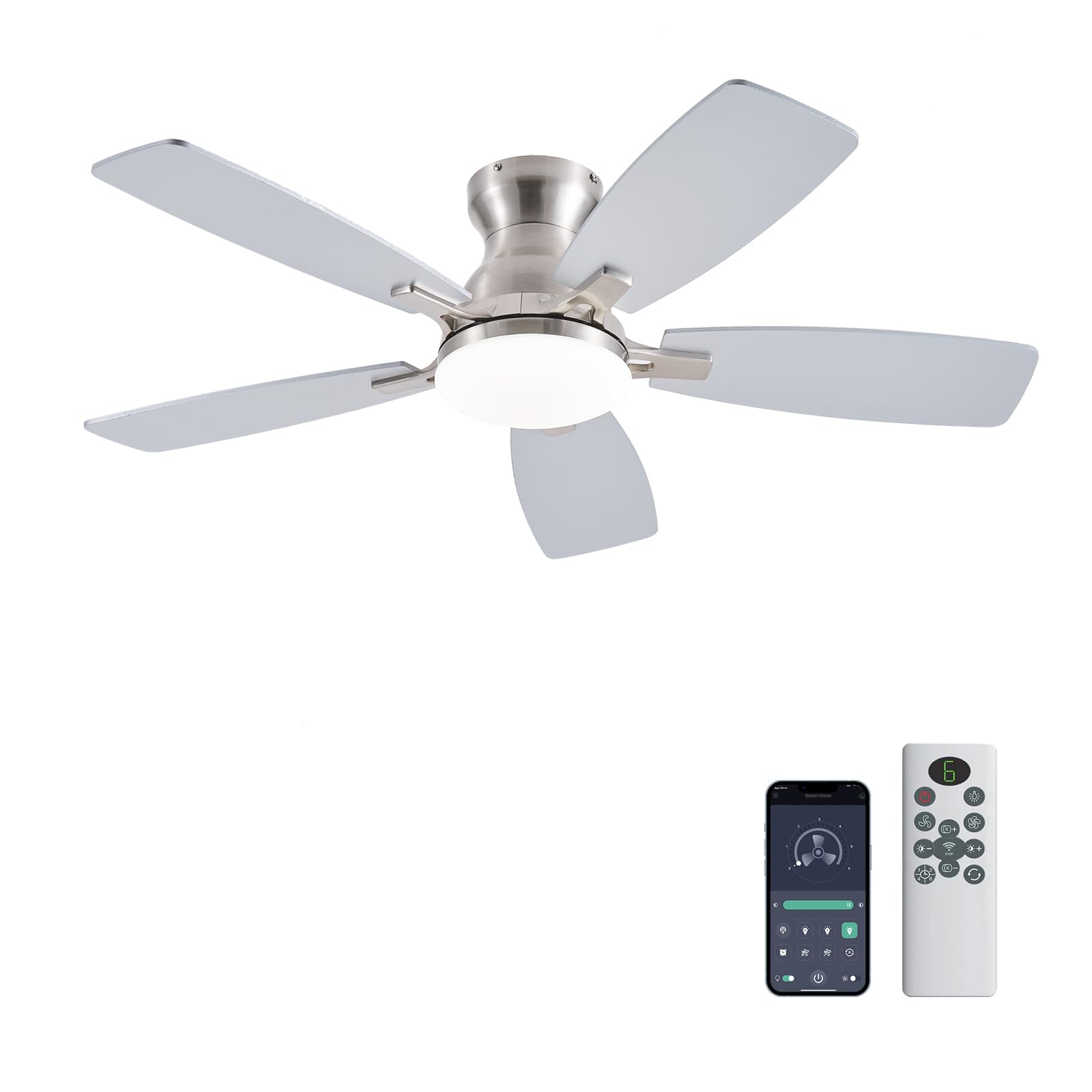 Photo 1 of ***DAMAGED - SEE NOTES/PICTURES*** JSAITEE Ceiling Fans with Lights, 42 Inch Low Profile Ceiling Fan with Light and Remote Control, Flush Mount, DC Reversible Motor, Noiseless, Nickel 6 Speeds Ceiling Fan for Bedroom