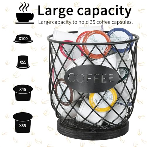 Image of YINMIT K Cup Holder Organizer, Sturdy Coffee Pod Holder Organizer, 35 Kcup Large Capacity Storage Basket for Kitchen Counter and Office Desktop (Black-Circular)