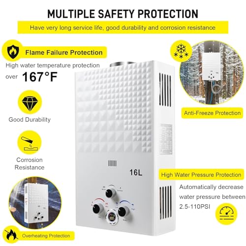 Gas Water Heater 16L Outdoor Instant LPG Water Heater, Tankless Propane Water Eater with Digital Display and Multi-Protection for Camping, Trips, RV, Pet Washing (White, 16L) - Image 4