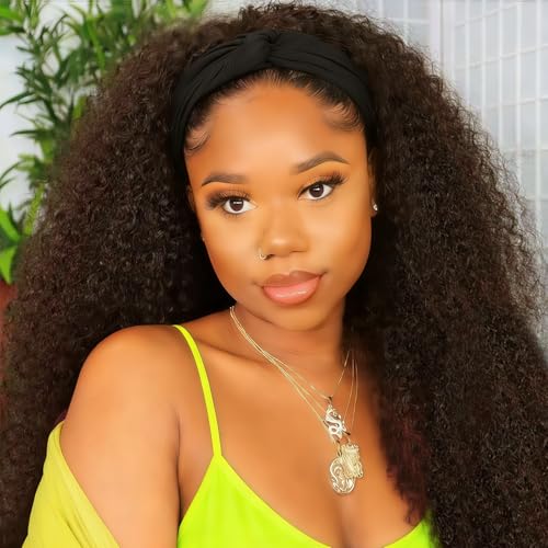 Image of XSY Kinky Curly Headband Wig Human HairChocolate Brown 4# None Lace Front Wigs for Black Women Brazilian Virgin Human Hair Headband Wig 150% Density 28inch
