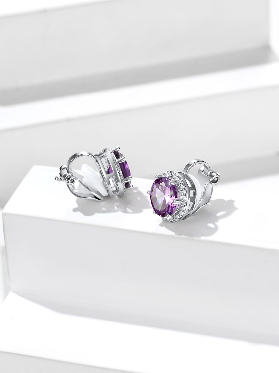 Silvora 925 Silver 8MM Cubic Zirconia Birthstone Clip On Stud Earrings Round Non Pierced Earrings For Women,Come with Box
