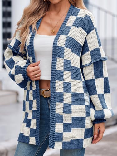 Saodimallsu Womens Checkered Oversized Cardigan Sweaters Color Block Chunky Open Front Lantern Sleeve Plaid Knit Coats3