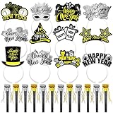 Openfly 24Pcs New Years Eve Party Supplies 2025 Include New Year Party Headbands and Noise Makers Happy New Year Headband Sliver Gold Metallic Fringed Noise Makers 2025 New Years Party Favors