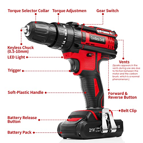 Akkuschrauber Set Akkubohrer 21V Akkuschrauber - Professional Akkubohrschrauber mit 2 Akkus Bohrschrauber Akku… – Bild 7