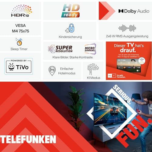 TELEFUNKEN Fernseher 32 Zoll Smart TV Powered by TiVo HD-Ready, HDR TV mit Triple-Tuner und 6 Monate HD+ inkl., LED Fernseher XH32TP900S (2026) TELEFUNKEN Fernseher 32 Zoll Smart TV Powered by TiVo HD-Ready, HDR TV mit Triple-Tuner und 6 Monate HD+ inkl., LED Fernseher XH32TP900S (2026)