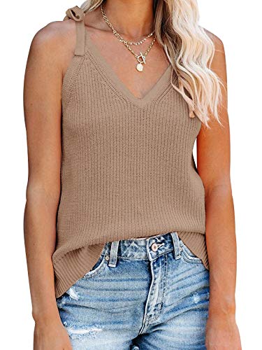 Ybenlow Womens Summer Knit Tank Tops V Neck Sleeveless Sweater Lace Up Cami Shirts Casual Loose Vest Blouses Khaki