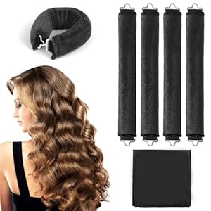 GROFIS 5 Piezas Rizador de Pelo Sin Calor, Rulos Pelo Flexibles con Gancho, Overnight Hair Rollers Blowout, DIY Rulos para Cabello Largo Medio Corto, Negro