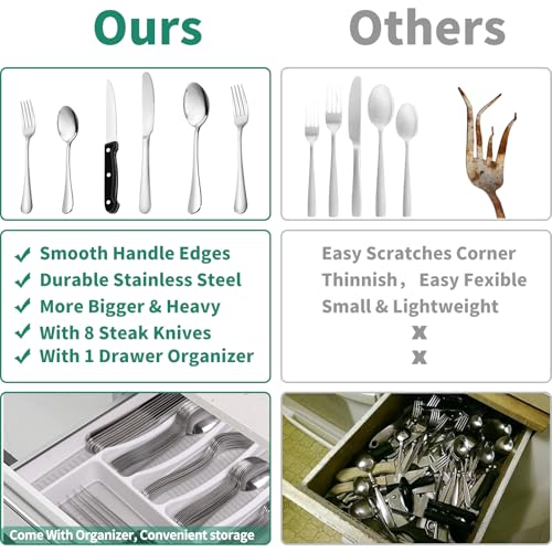 49PCS Silverware Set with Organizer, Stainless Steel Flatware Drawer Cutlery Set for 8, Kitchen Utensils with Steak Knives Mirror Polished Dinner Knife Forks Spoons Tableware Service Tray by JUNLIN - Image 3