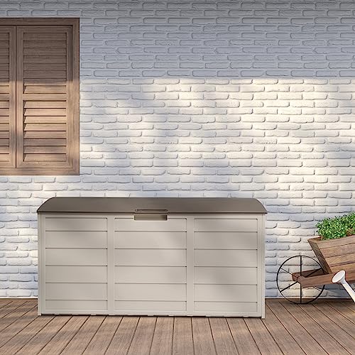EPOFIT 75 Gallon Resin Deck Box, Waterproof Outdoor Storage Box with Wheels, Lockable Lid and Handles, Large Deck Storage for Outdoor Gear, Patio Furniture Cushion, Gardening Tools, Brown