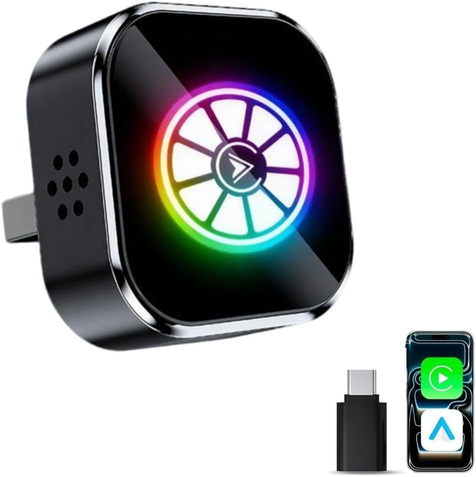 2026 Upgraded Colorful Light Wireless CarPlay Adapter, Stable Connection, No Lag, Compatible with iPhone iOS 10, Android 11 and Above, Supports One-Click Switching of Mobile Phones (Black)