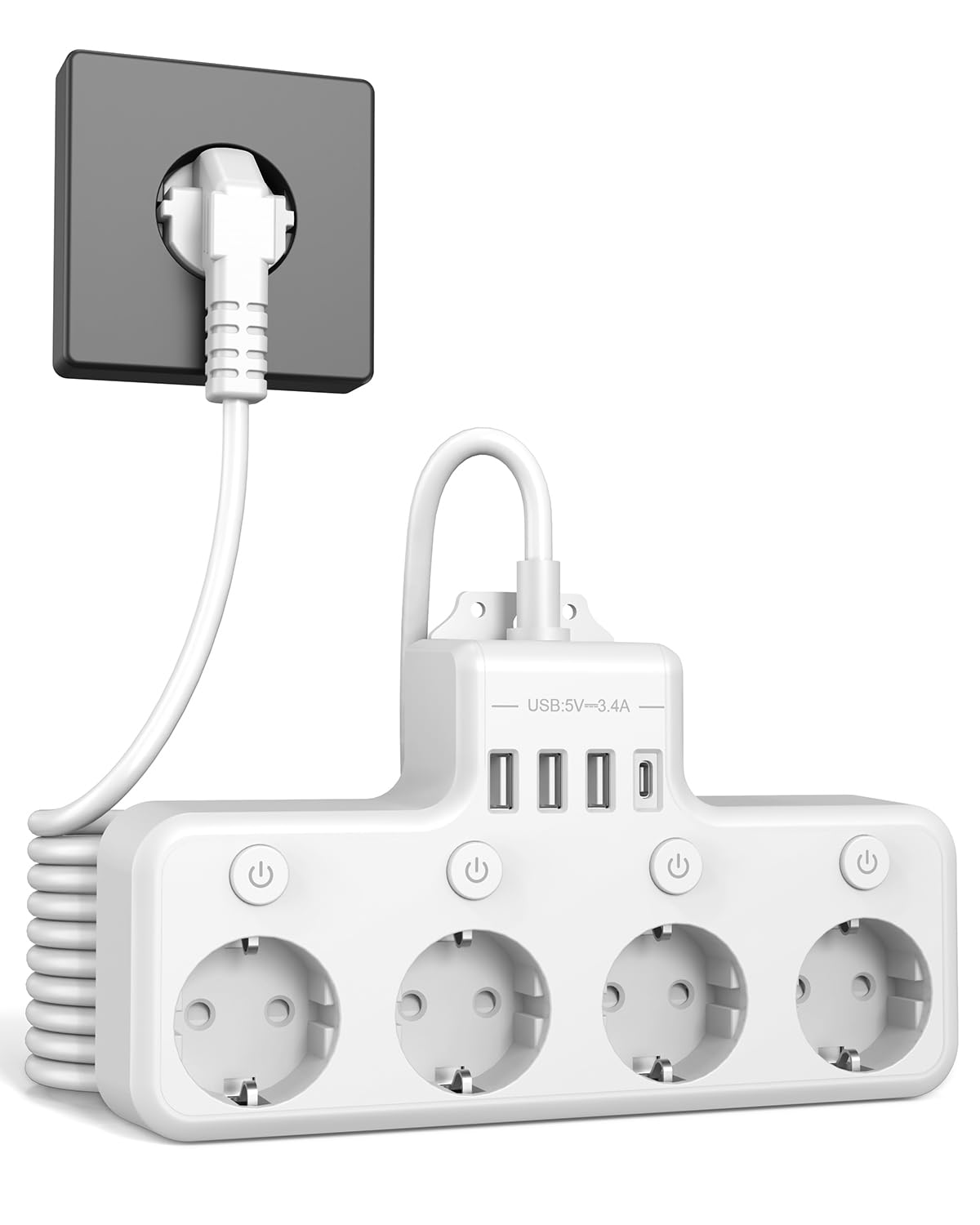 Vipwell Steckdosenleiste Wandmontage mit Schalter - Mehrfachsteckdose mit USB-C & USB-A - Einzeln Schaltbar - 4 Fach Steckdose mit 2m Verlängerungskabel für Homeoffice, Gaming, Hotel