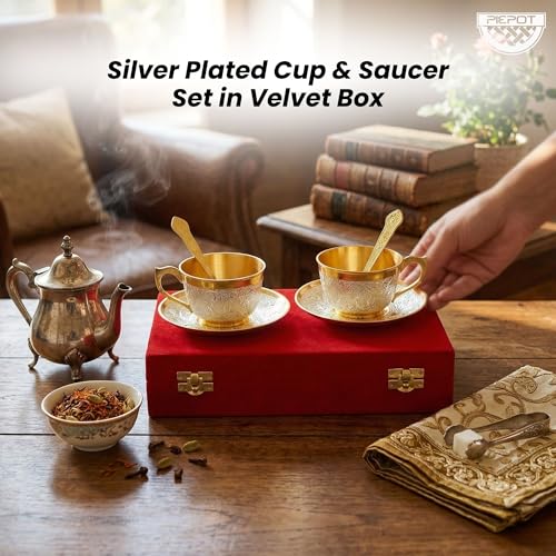 Image of Silver Plated Cup Saucer Set in Velvet Box | Cup Saucer Set of 6 for Tea (2 Cup + 2 Saucer + 2 Spoon) | Tea /Coffee Cups 120 ml | Dishwasher Safe | Ideal for Daily Use & Gifting