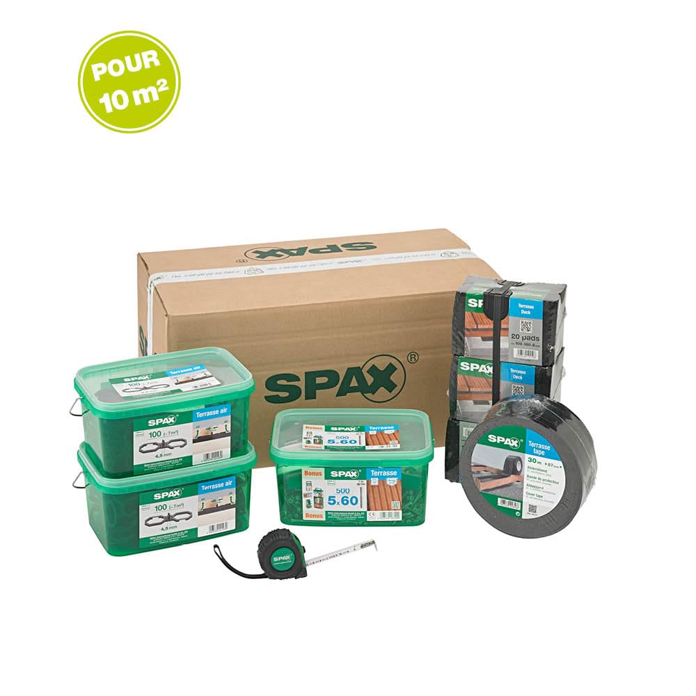 SPAX Équipement de base pour la construction de terrasse, kit de montage – Taille env. 10 m², vis de terrasse en acier inoxydable A2, entretoise, embouts, tapes, tampons et mètre ruban – 500009100039