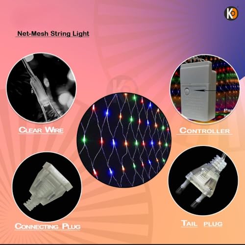 Image of K D ED Net Mesh String Lights - 192 LEDs, 9.8Ft x 6.6Ft, Warm Multi, 8 Modes, IP44 Waterproof, Connectable for Diwali, Navratri, Christmas (Net Mesh Multi Jali)