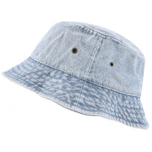 The Hat Depot Youth Kids Washed Cotton Packable Bucket Travel Hat Cap (7-10yrs Light Denim)