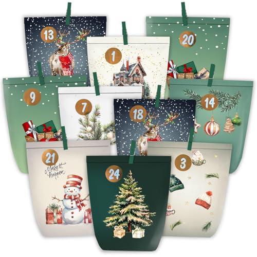 KOHMUI Adventskalender zum Befüllen, 24 Weihnachtskalender zum Selber Basteln, Adventstüten Papiertüten mit Zahlen Aufkleber zum Selbstbefüllen