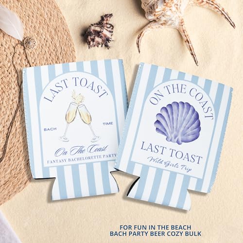 Image of Last Toast On The Coast Bachelorette Can Sleeves - 12 Pack Beach Bachelorette Party Beer Cozy Bulk, Funny Soda Can Coolers for Bachelorette Party Accessories