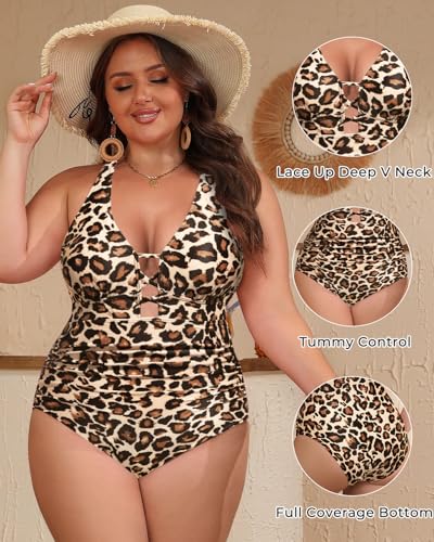 Yonique Women Plus Size One Piece Swimsuit Tummy Control Bathing Suits Lace up Plunge Swimwear2