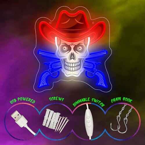 Image of Skull With Gun In Cowboy Hat Neon Sign For Wall Decor, Colorful UV Printed Neon Light with Retro Design, LED Artwork for Bar, Bedroom, Game Room, Man Cave Party Decoration Holiday Birthday Gifts