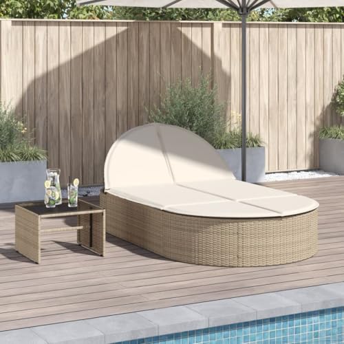 IKAYAA Cama Exterior Jardin, Cama Balinesa, Tumbona Doble Regulable y Respaldo Reclinable, Cama Jardin Exterior, Muebles de Exterior para 2 Personas, para Patio, Piscina,Beigey Blanco Crema