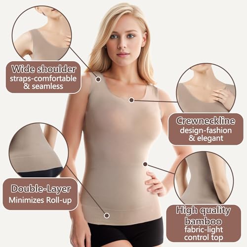 Image of +MD Women's Seamless Short Sleeve Undershirt, Light Compression Scoop Neck Tank Top, Tummy Control Basic Tee Camisole