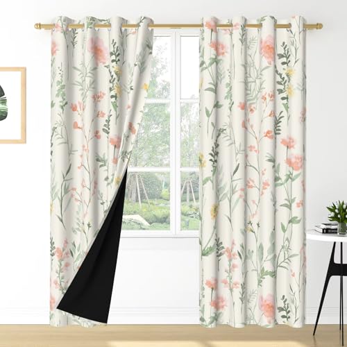 IKDZCM Cortinas Opacas con Estampado Floral, diseño botánico, para Dormitorio, Sala de Estar, hogar, con Ojales (Ancho x Alto/2 x 127 x 240 cm)