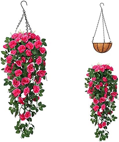 Artificial Hanging Flower, Hanging Basket Fake Silk Rose Flower Vine for Courtyard Garden Indoor/Outdoor Decor (Deep Pink)