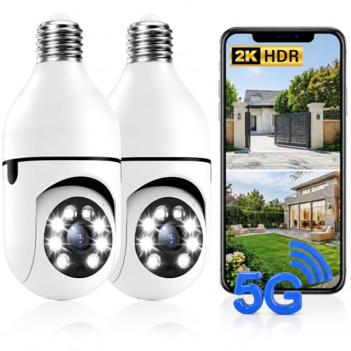 Light Bulb Security Camera,2K HD WiFi Outdoor Security Camera with 5GHz & 2.4GHz Dual-Band,E26/E27 Socket,360° PTZ Pan Tilt,Human Detection,Two-Way Audio,Color Night Vision,2-Pack