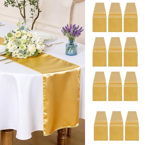 12 Pièces Chemins de Table en Tissu Satin Doré - 30 x 270 cm Chemin de Table Doré pour Décoration de Table Mariage Fête d'anniversaire Banquet Restaurant