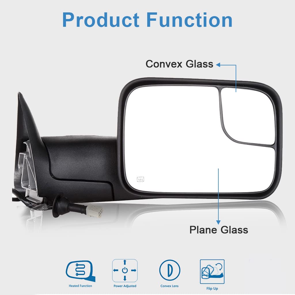 ECCPP Towing Mirrors Pair Side Mirrors Replacement for 98-01 for Dodge for Ram 1500, 98-02 for Ram 2500 3500 Truck Pickup with Flip-Up Manual-Folding - Texture Black